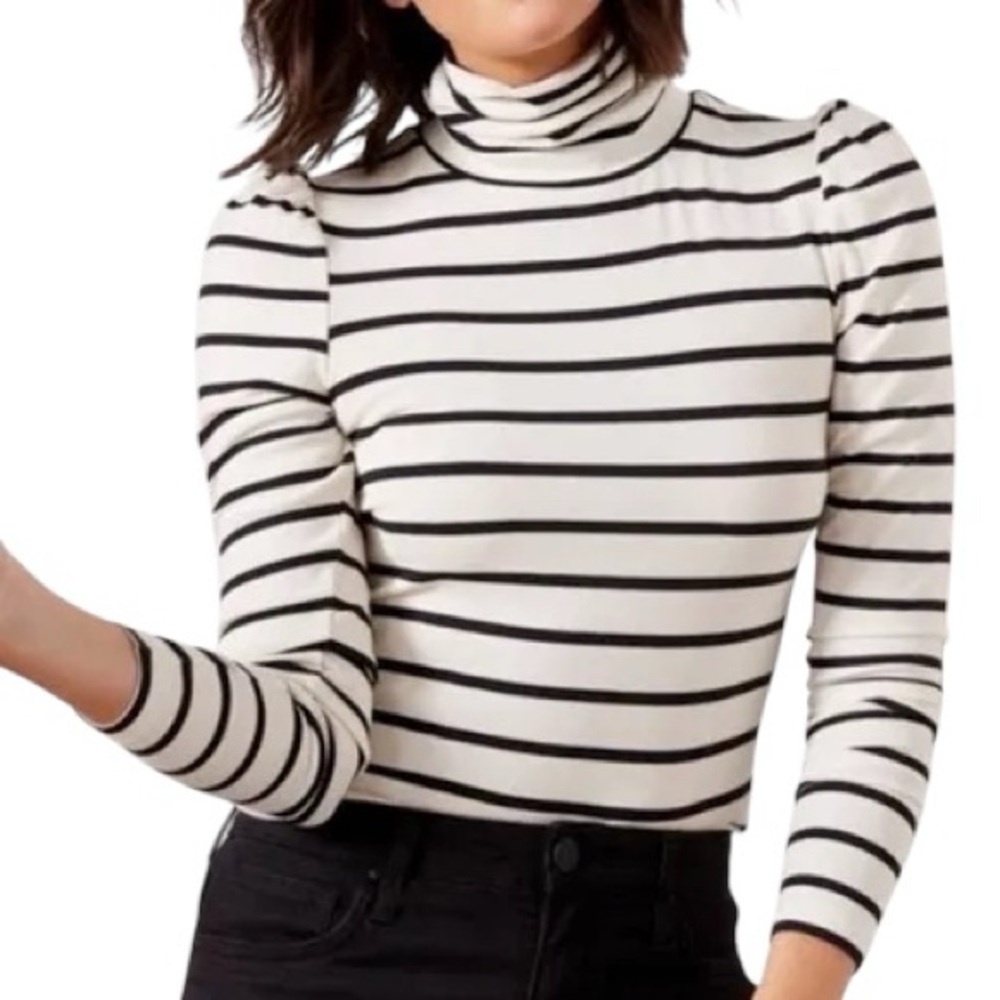 EVEREVE Stretch Knit Striped Turtleneck Sz L Puff Long Sleeve Taupe & Cream